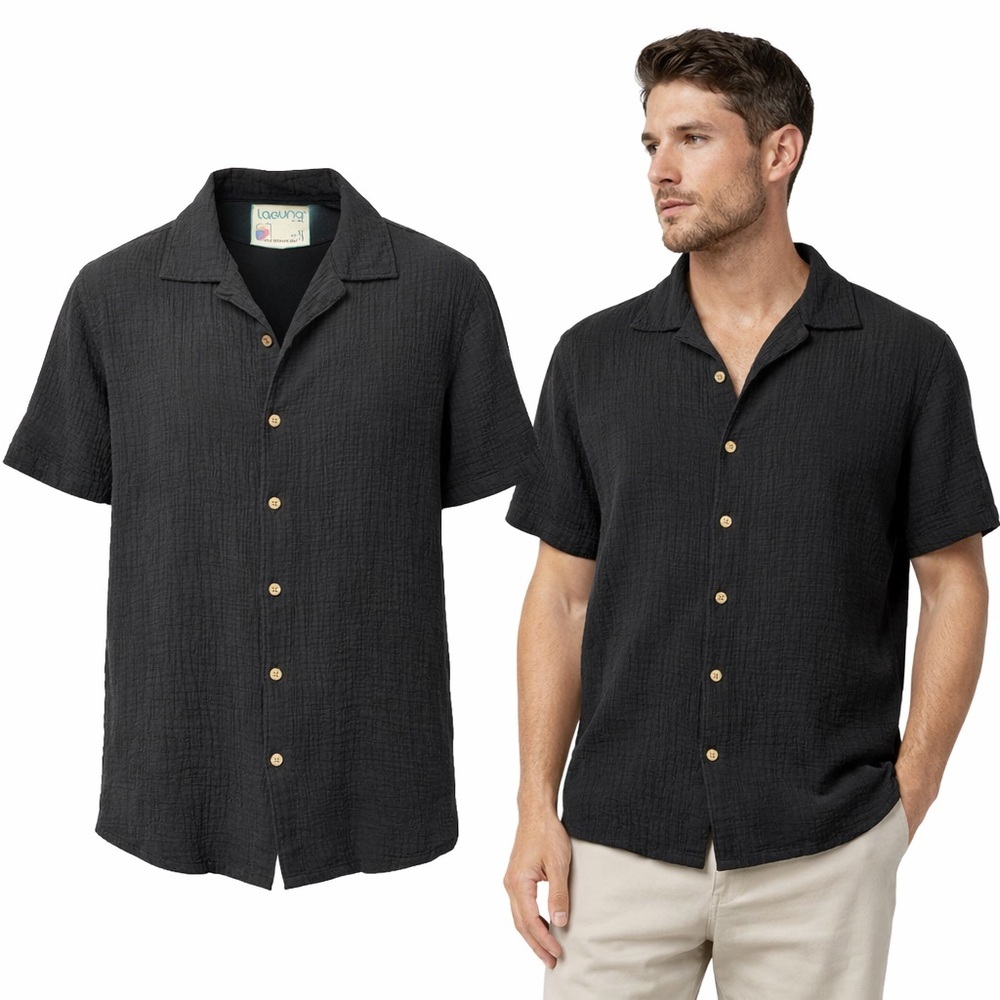 Laguna | Black Gauze Cotton Button Front Shirt | Short Sleeve | Size XL